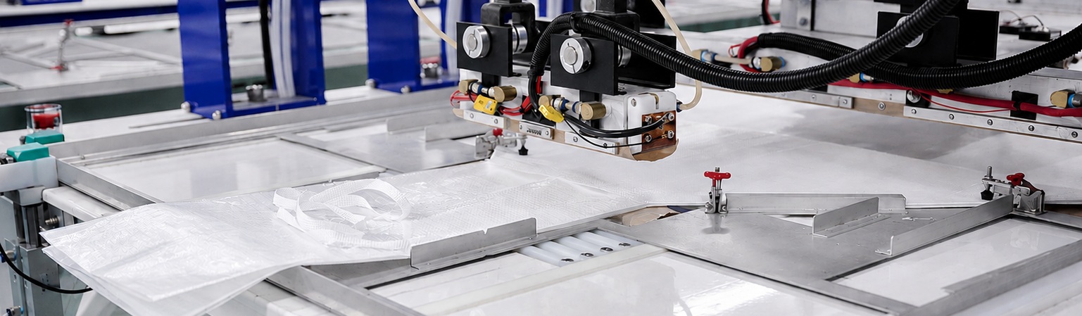 Fusion® computer-controlled heat-sealing equipment bonding bag fabric on the production line — the proprietary line provided to licensees