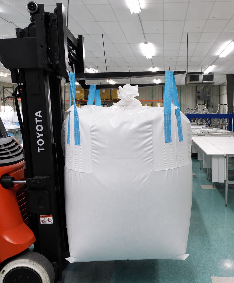 A filled Fusion&reg; bulk bag lifted by forklift on its four heat-sealed lift loops at a filling station